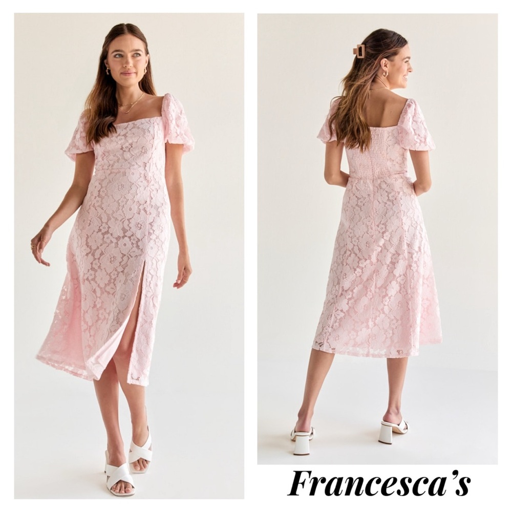 Francesca's Collections Pink Lace Midi Dress
